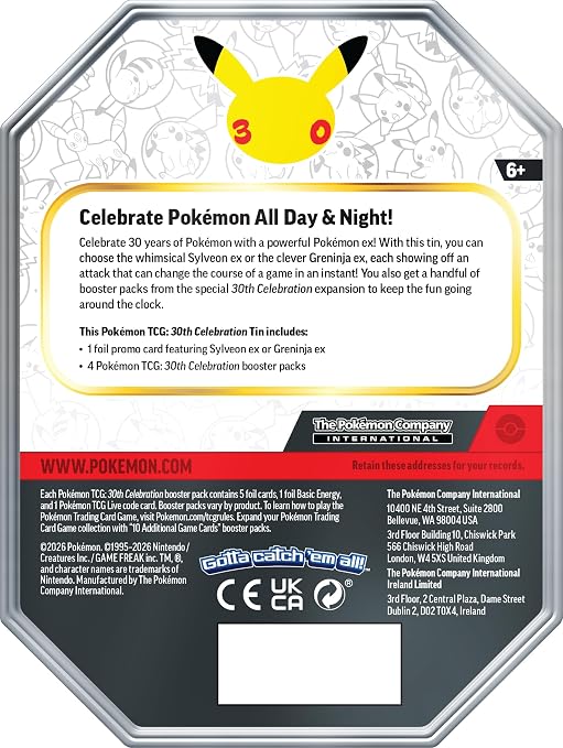 Pokémon TCG: 30th Celebration Tin - Sylveon ex (1 Foil Promo Card & 4 Booster Packs)