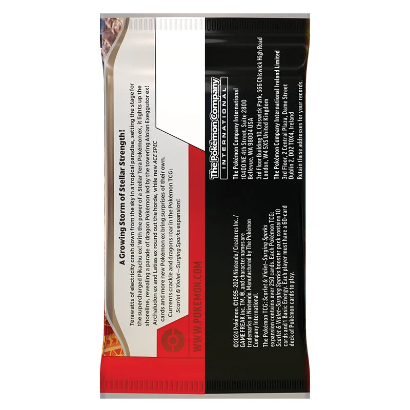 Pokemon Scarlet and Violet Surging Sparks Booster Pack back