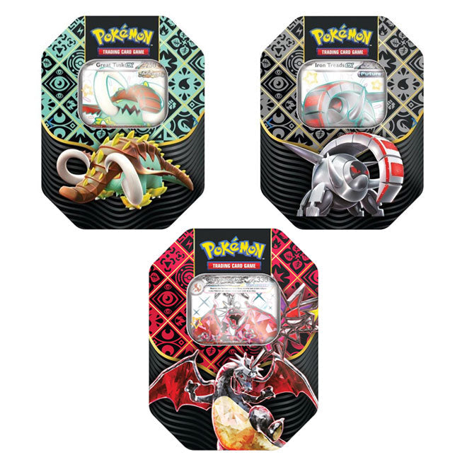Pokemon - Scarlet & Violet - Paldean Fates - Shiny Charizard, Iron Treads & Great Tusk ex Tins