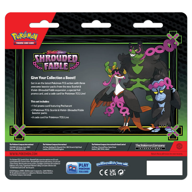 Back of a Pokemon TCG Shrouded Fable 3-Pack Blister Featuring the Legendary Pokemon from the land of Kitakami